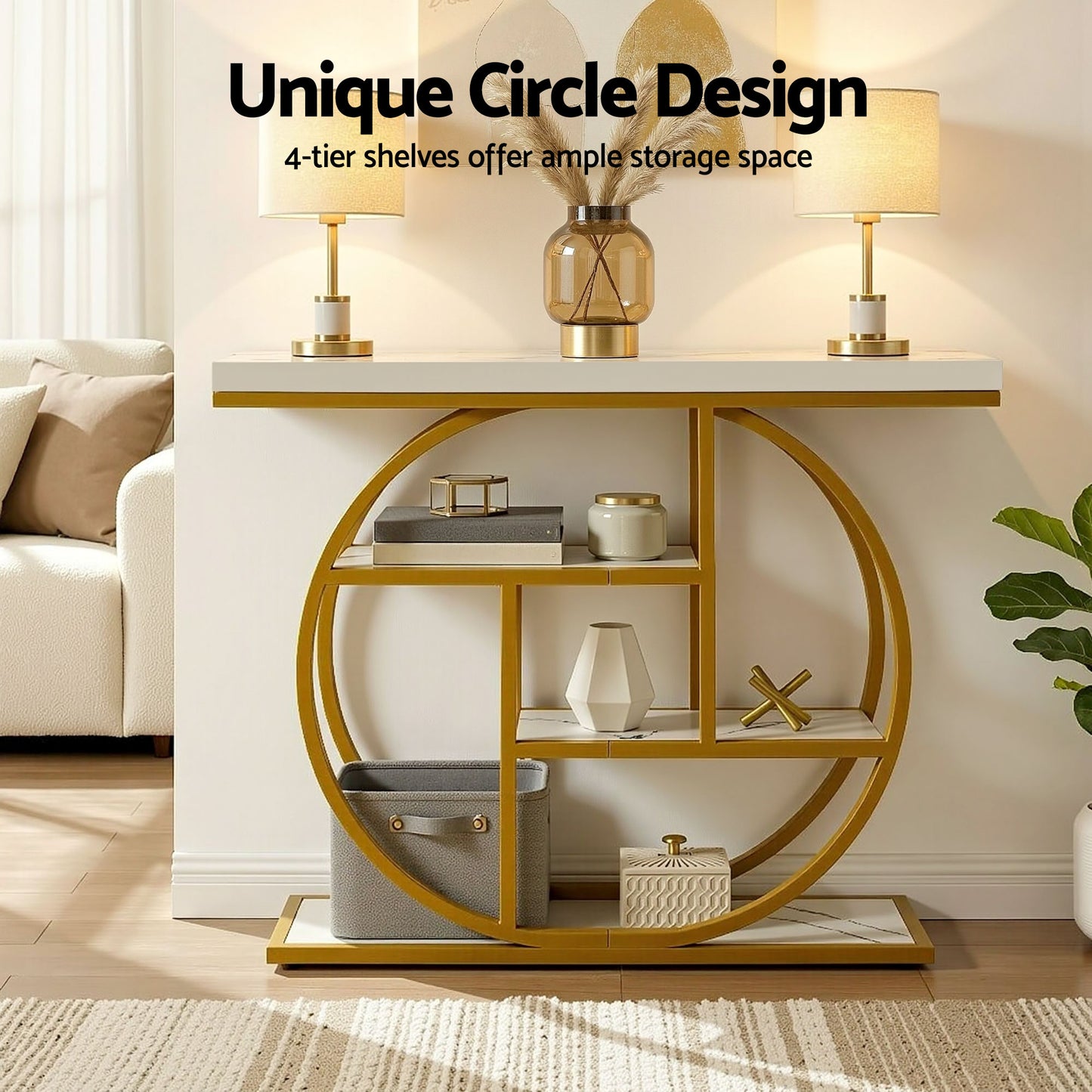 Console Table – Marble Effect Top, 4-Tier Shelves, White & Gold, 105cm