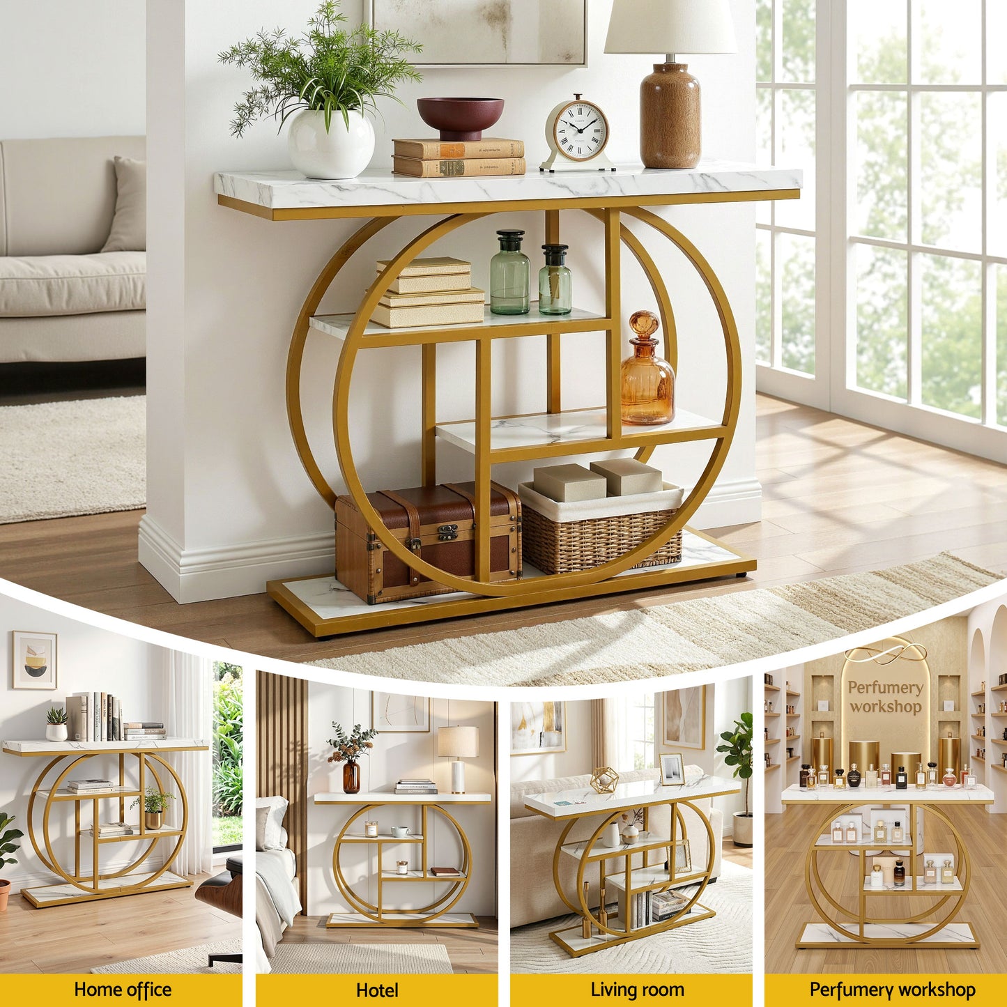 Console Table – Marble Effect Top, 4-Tier Shelves, White & Gold, 105cm