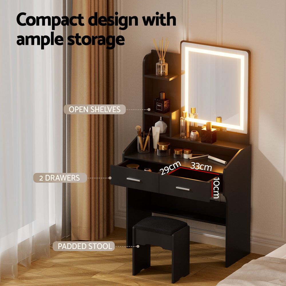 Dressing Table Set with LED Mirror and Stool – Black