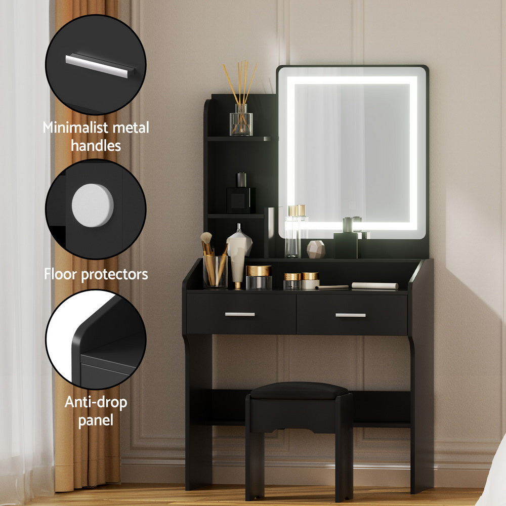 Dressing Table Set with LED Mirror and Stool – Black