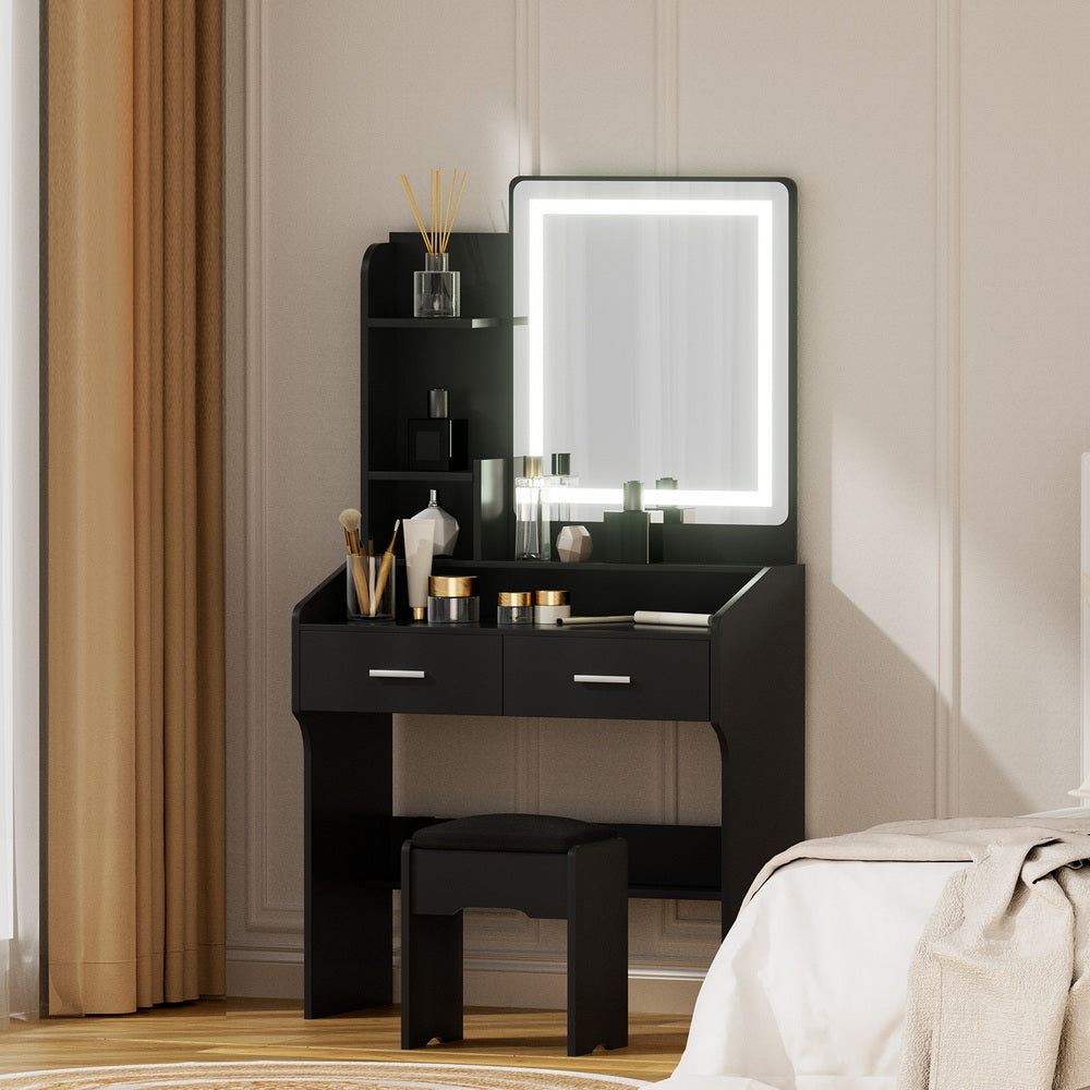 Dressing Table Set with LED Mirror and Stool – Black