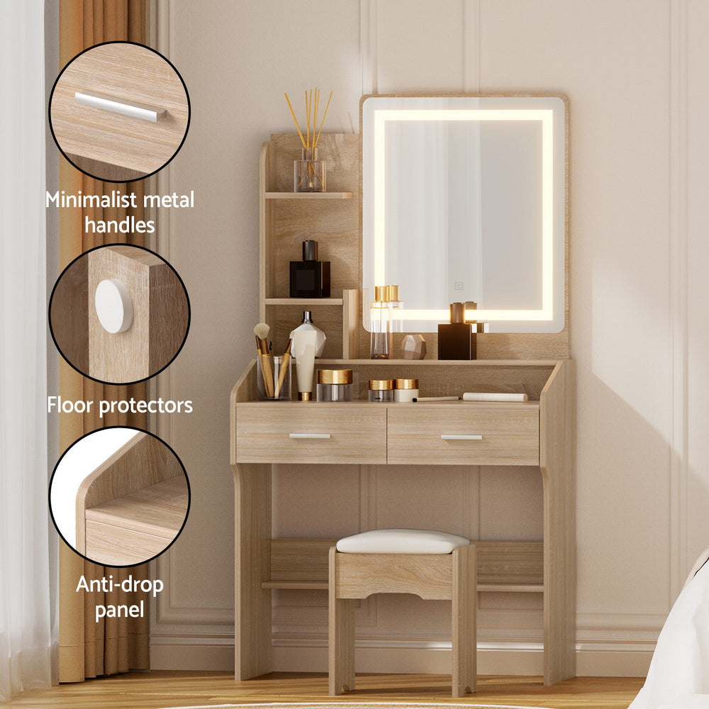 Dressing Table Set with LED Mirror and Wood Finish