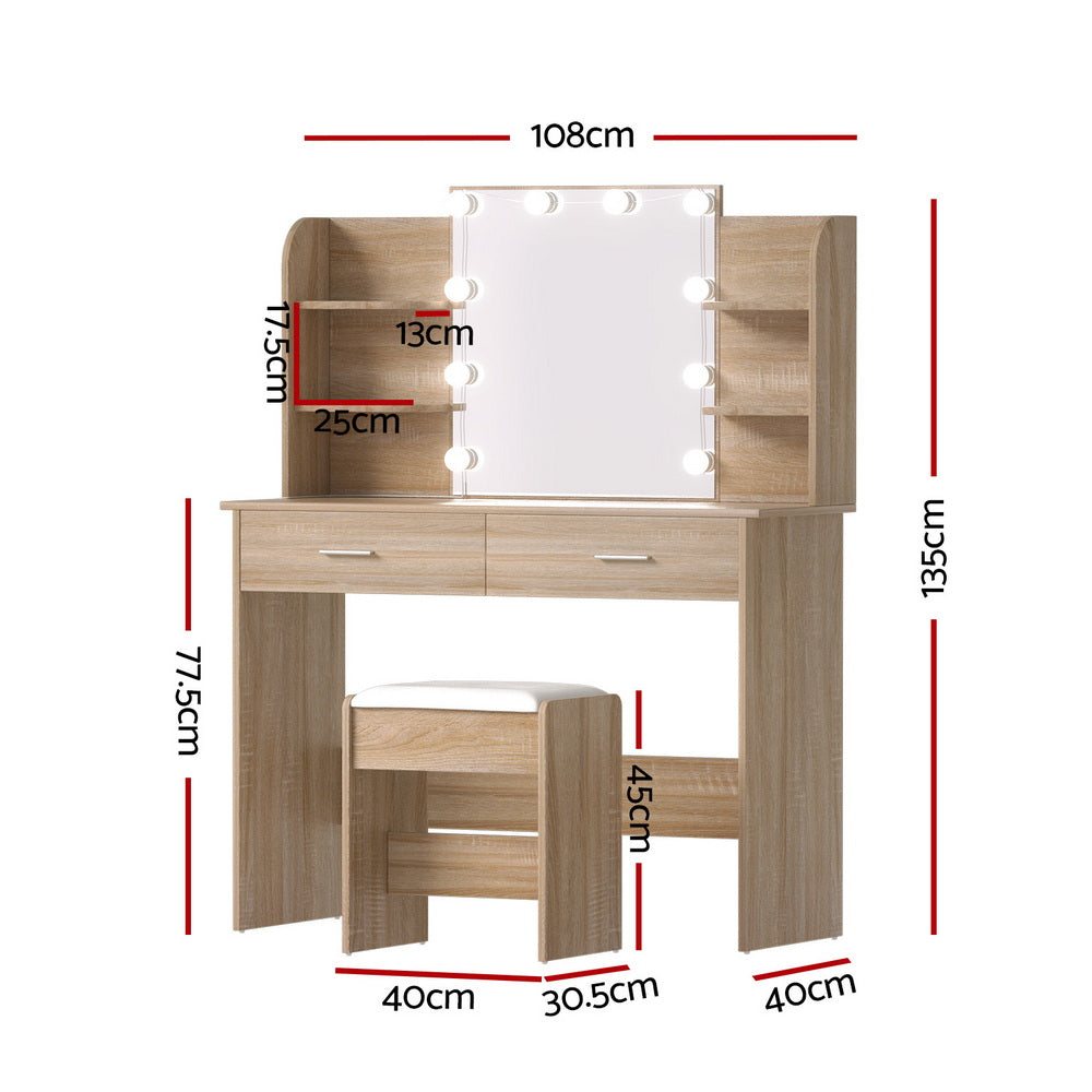 Dressing Table Set with 10 LED Bulbs and Wood Finish