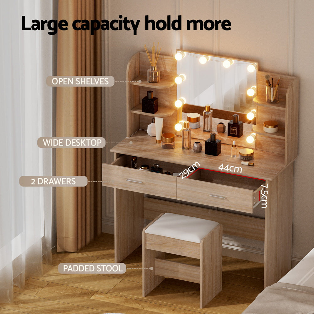 Dressing Table Set with 10 LED Bulbs and Wood Finish