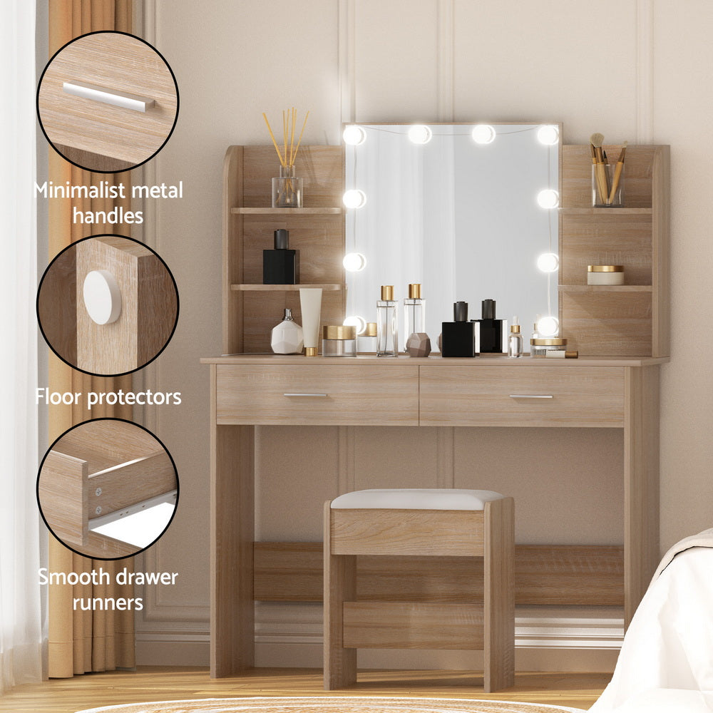Dressing Table Set with 10 LED Bulbs and Wood Finish