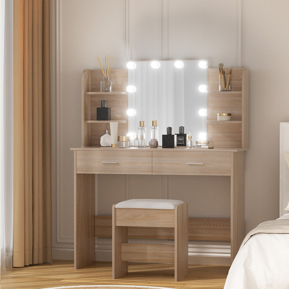 Dressing Table Set with 10 LED Bulbs and Wood Finish