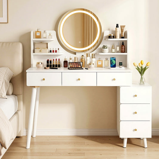 Vanity Desk with LED Mirror and Charging Station – White, Adjustable Length
