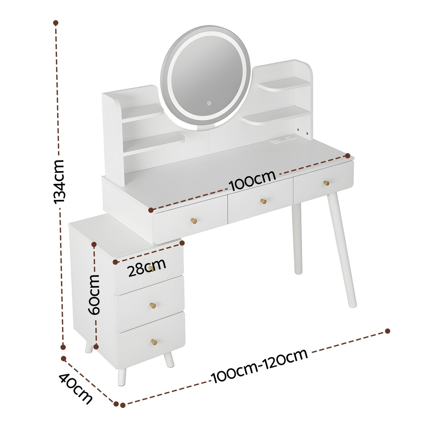 Vanity Desk with LED Mirror and Charging Station – White, Adjustable Length