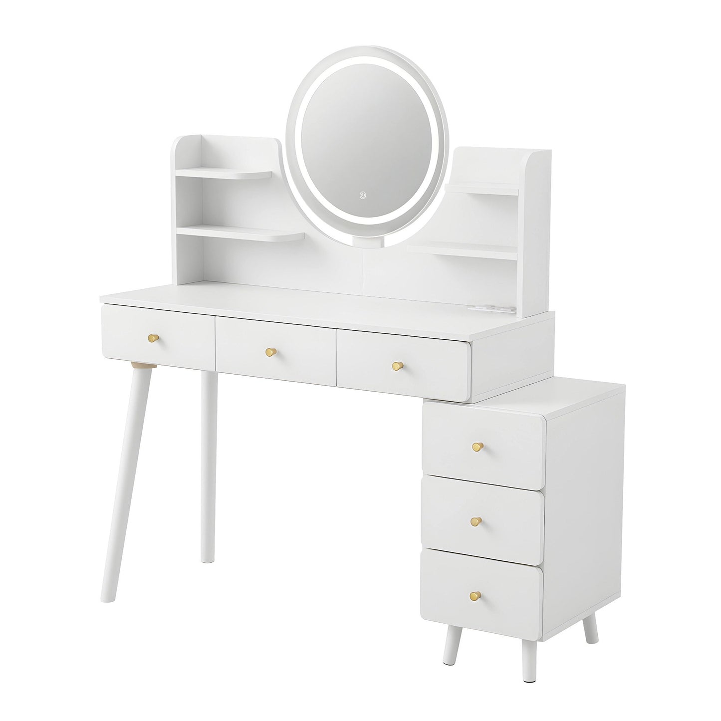 Vanity Desk with LED Mirror and Charging Station – White, Adjustable Length