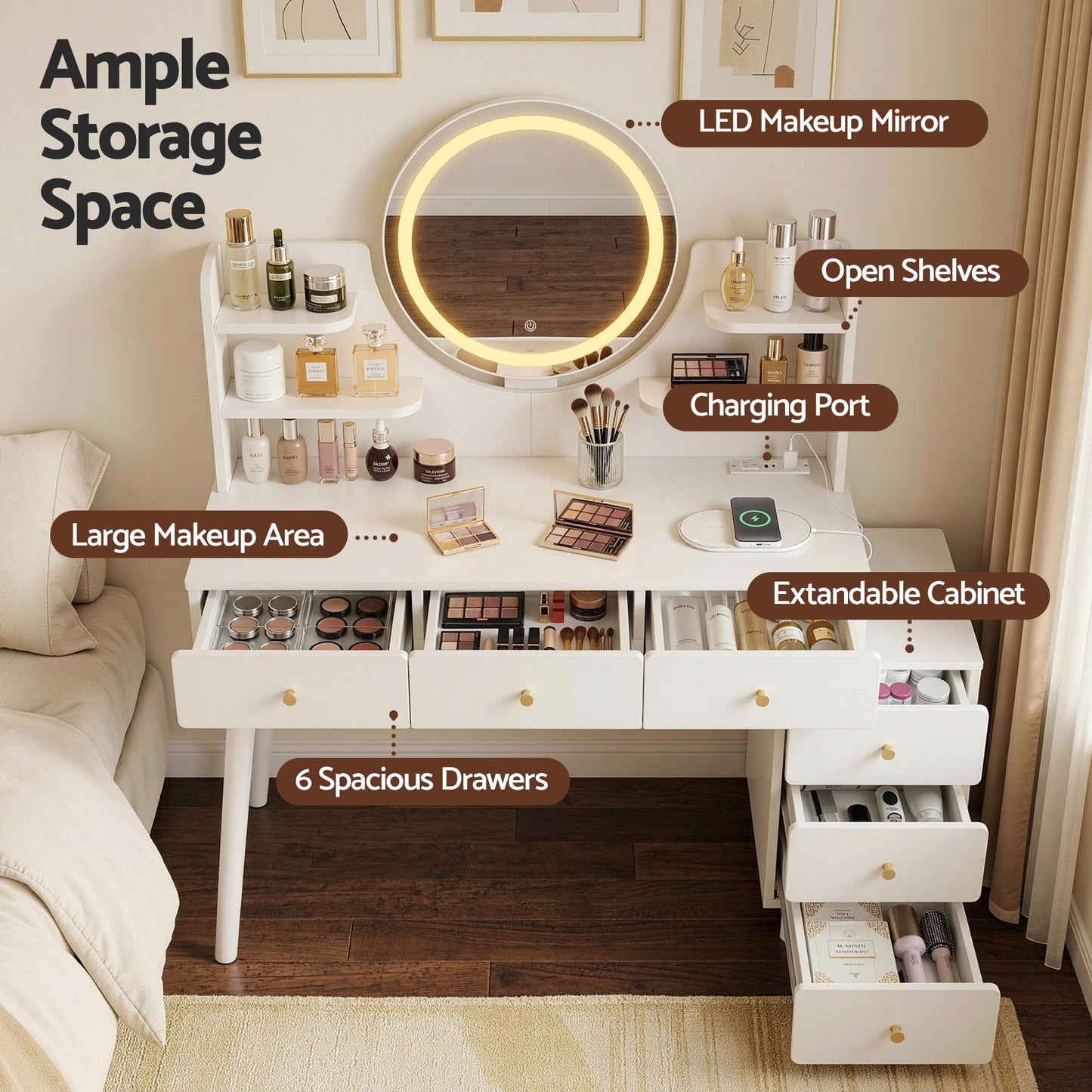 Vanity Desk with LED Mirror and Charging Station – White, Adjustable Length
