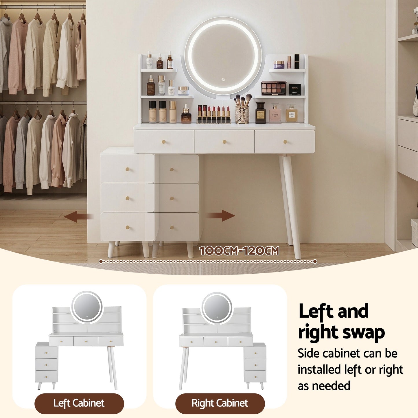 Vanity Desk with LED Mirror and Charging Station – White, Adjustable Length