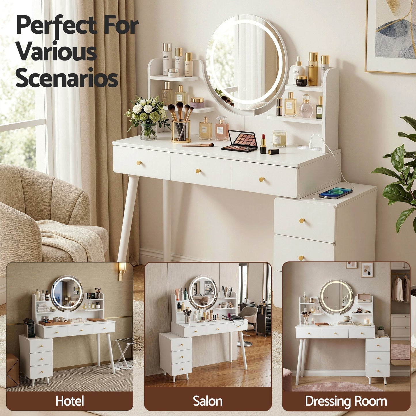 Vanity Desk with LED Mirror and Charging Station – White, Adjustable Length