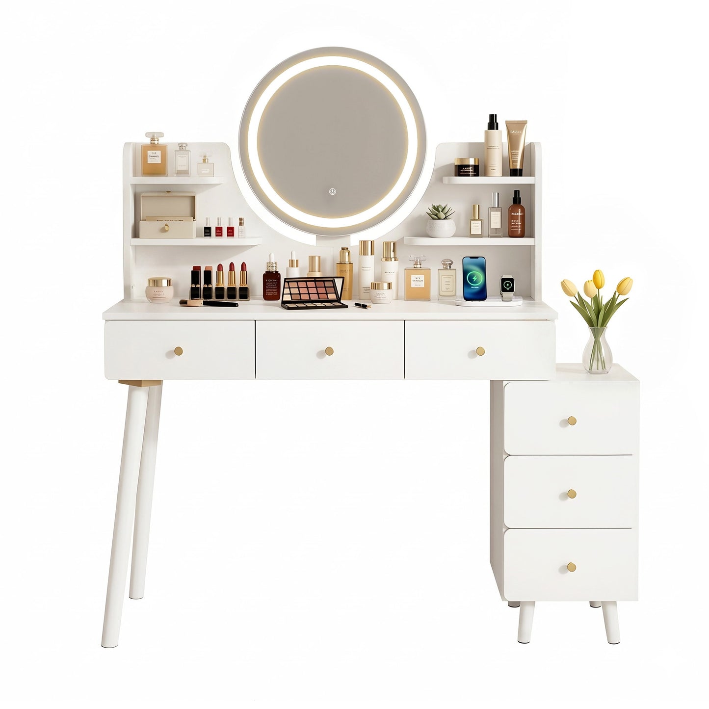 Vanity Desk with LED Mirror and Charging Station – White, Adjustable Length