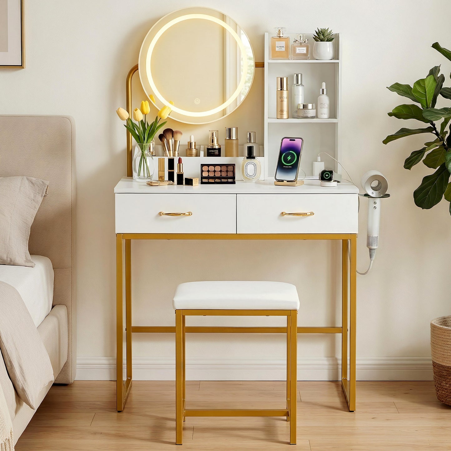Dressing Table Vanity Set with LED Mirror and Charging Station, White