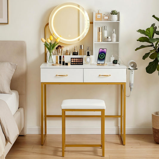 Dressing Table Vanity Set with LED Mirror and Charging Station, White