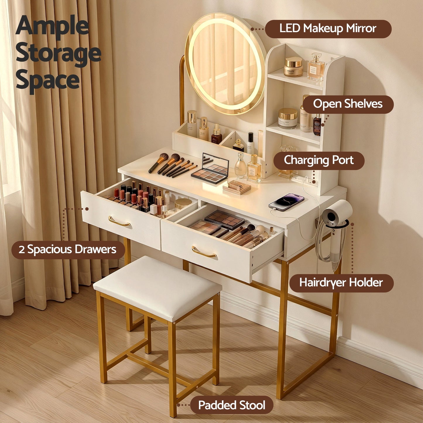 Dressing Table Vanity Set with LED Mirror and Charging Station, White
