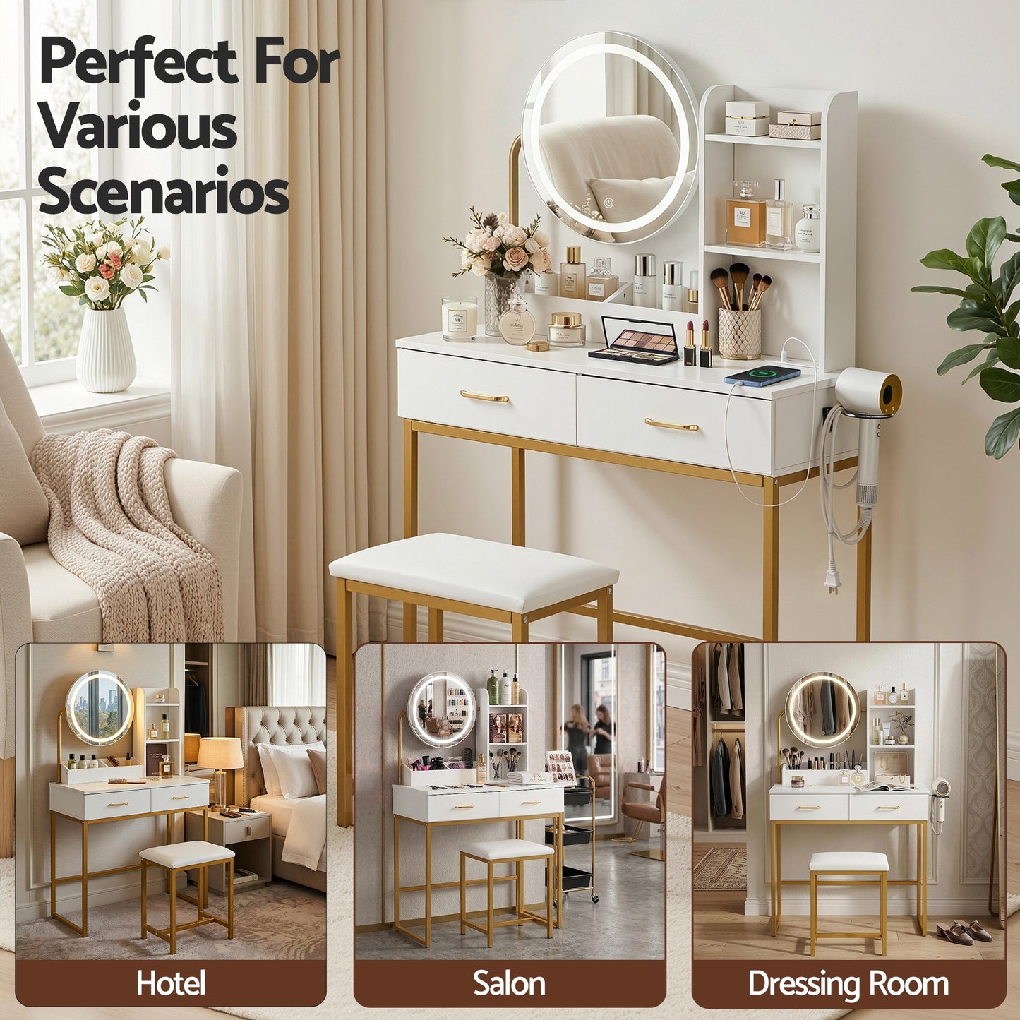 Dressing Table Vanity Set with LED Mirror and Charging Station, White