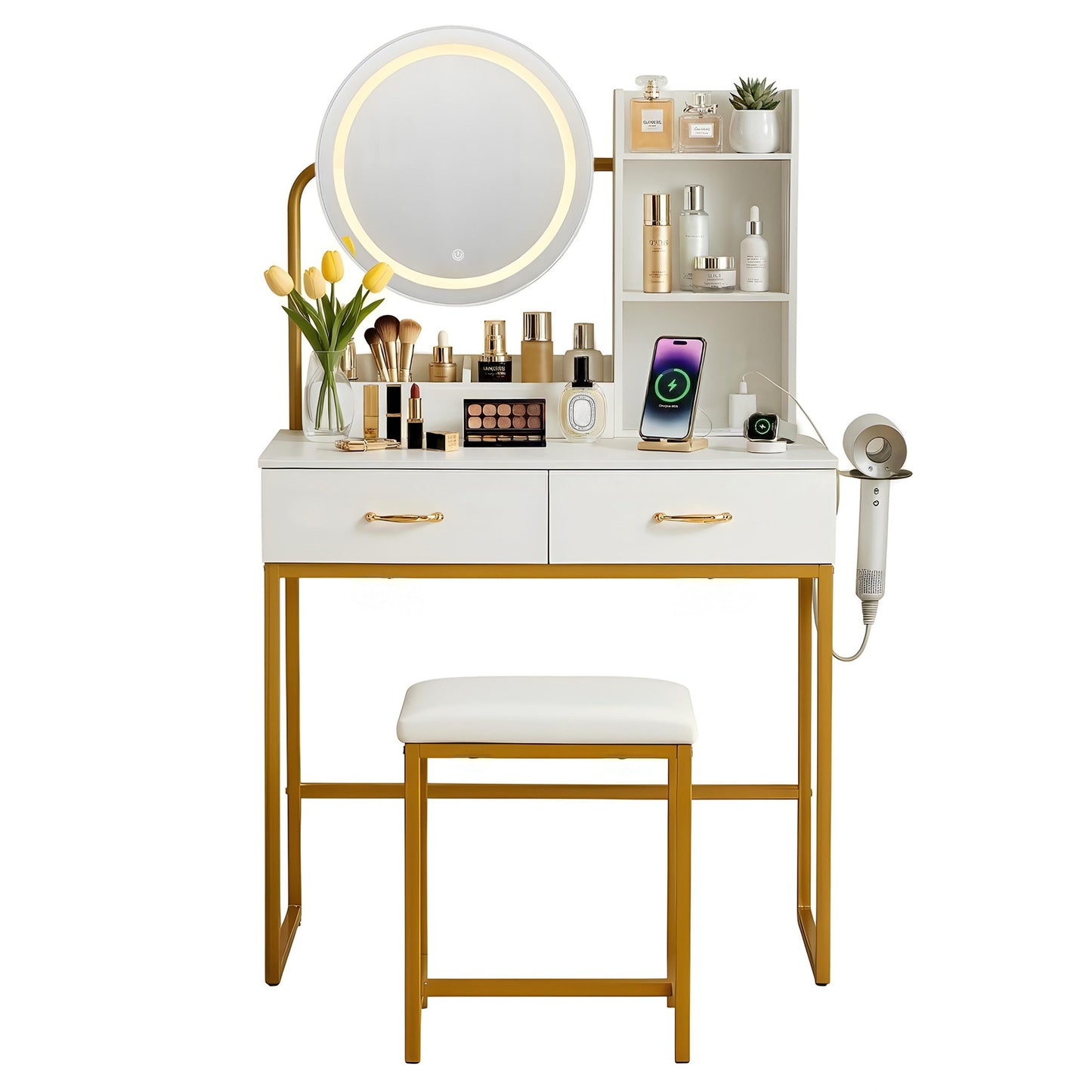 Dressing Table Vanity Set with LED Mirror and Charging Station, White