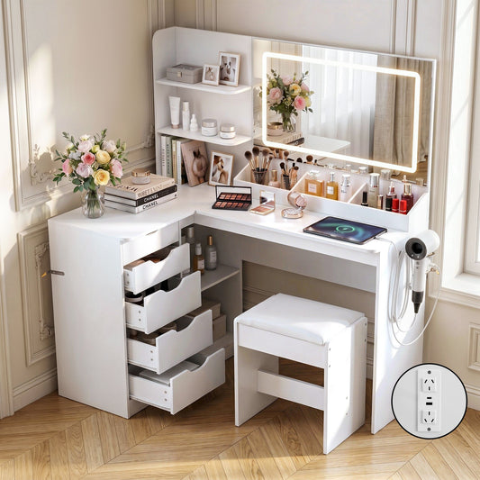 TWSC Dressing Table Corner Vanity Desk Set Stool LED Charging Station White