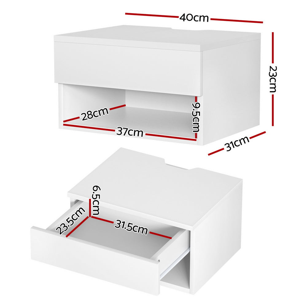 Floating Bedside Table – Drawer, White Particle Board