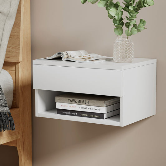 Floating Bedside Table – Drawer, White Particle Board