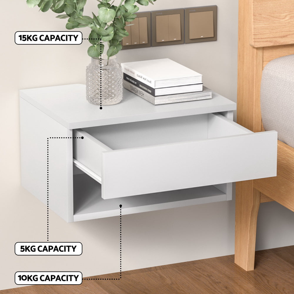 Floating Bedside Table – Drawer, White Particle Board
