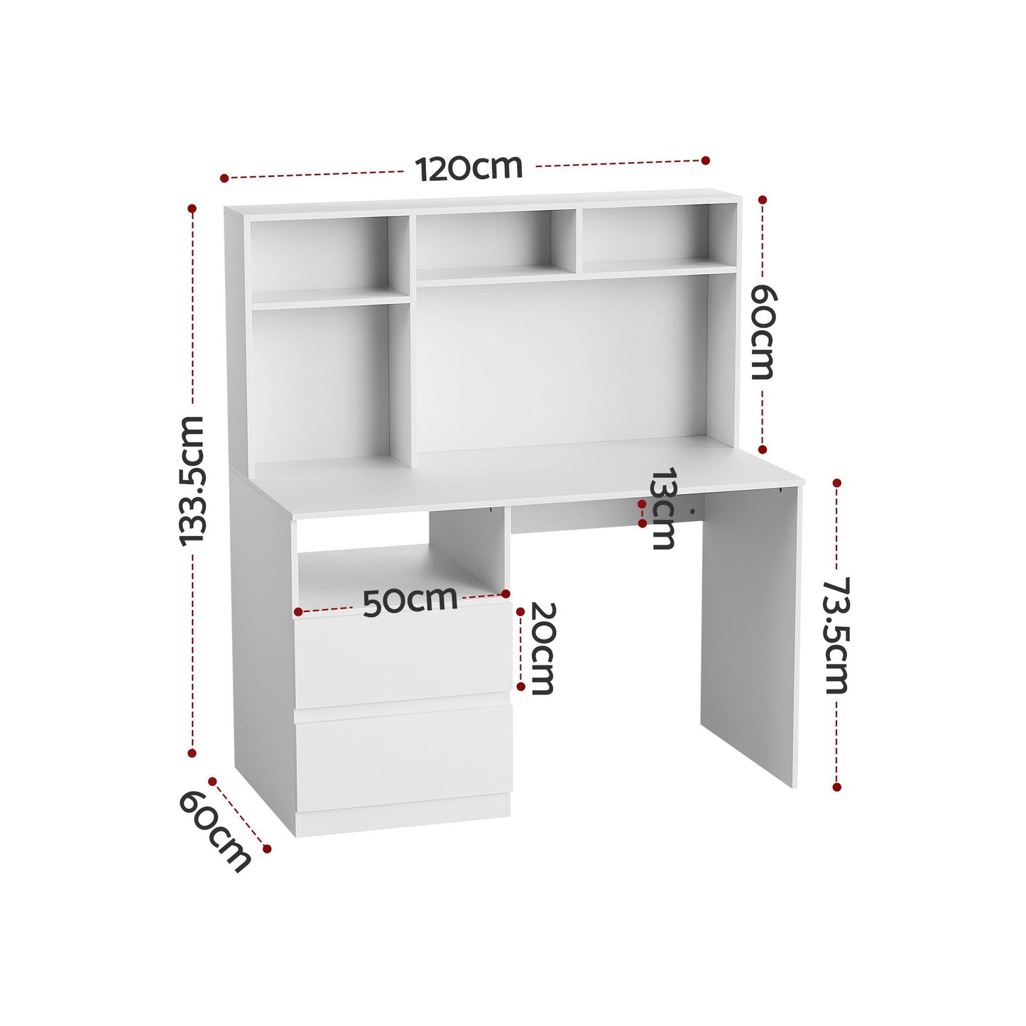 TWSC Computer Desk Office Study Desks Table Bookshelf Drawer White 120cm