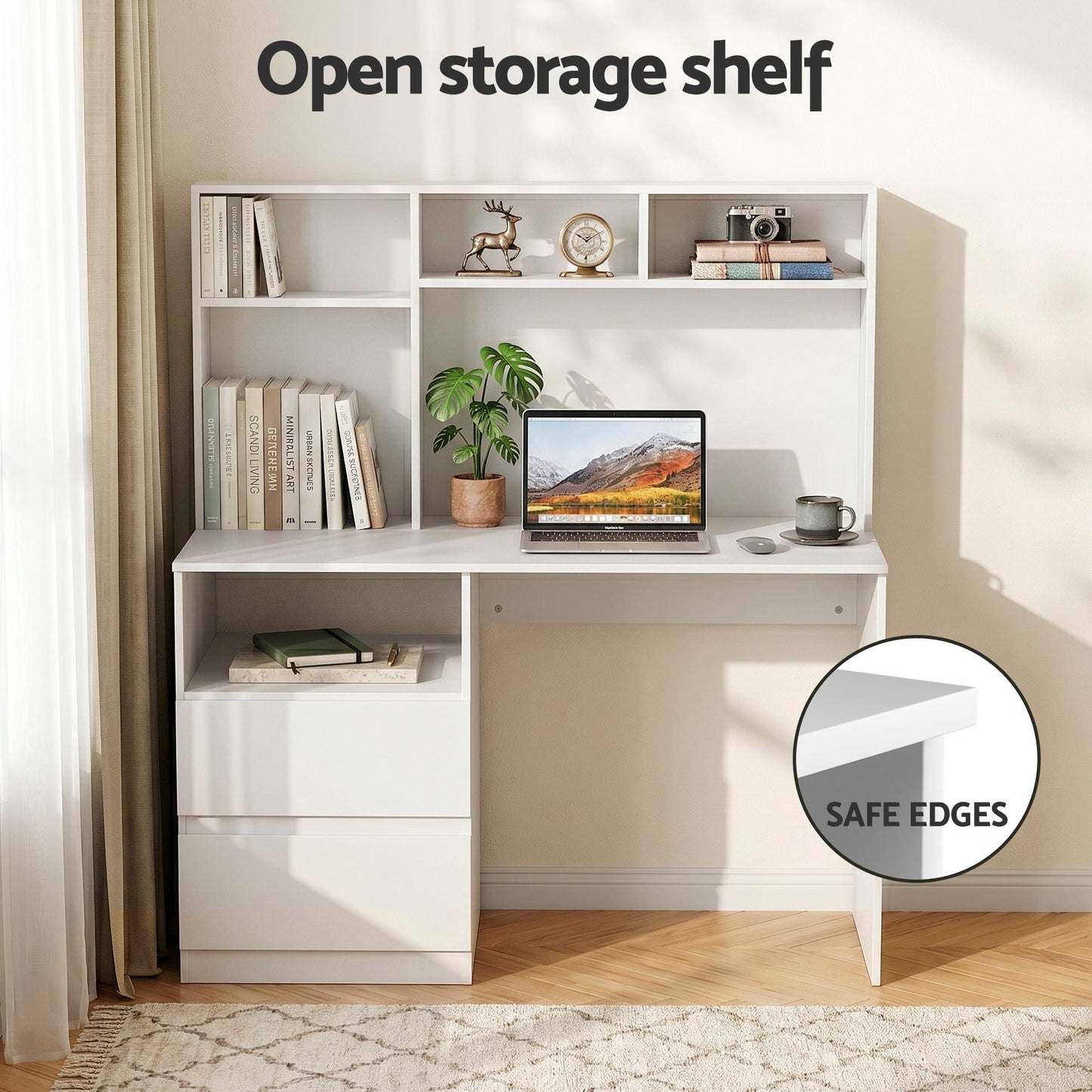TWSC Computer Desk Office Study Desks Table Bookshelf Drawer White 120cm