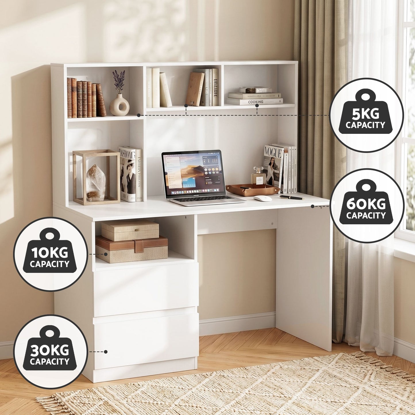 TWSC Computer Desk Office Study Desks Table Bookshelf Drawer White 120cm