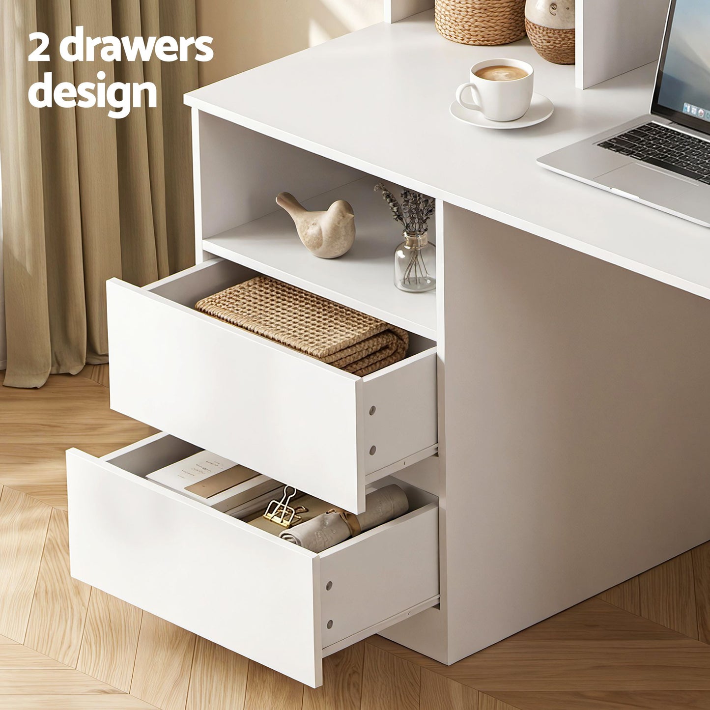 TWSC Computer Desk Office Study Desks Table Bookshelf Drawer White 120cm