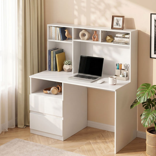 TWSC Computer Desk Office Study Desks Table Bookshelf Drawer White 120cm
