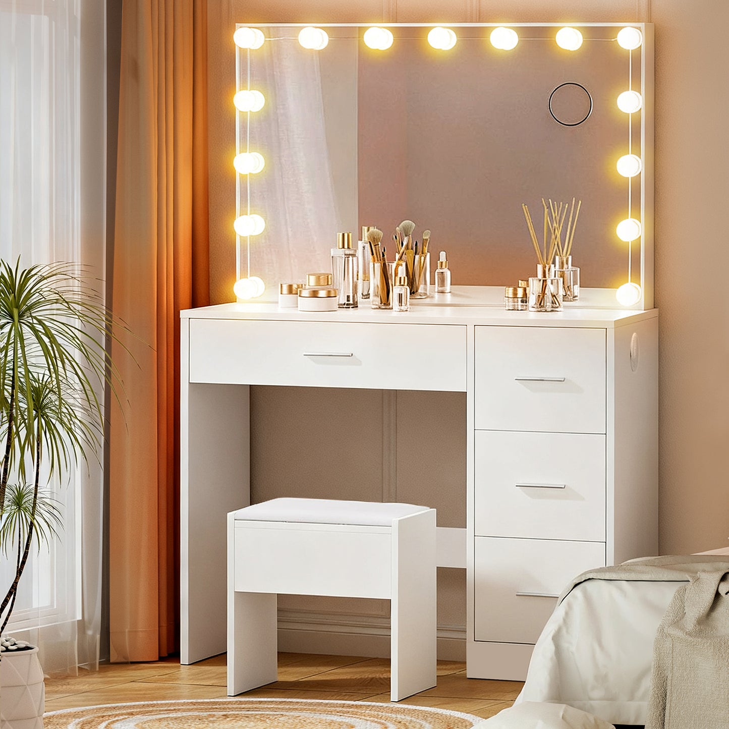 Darcy Dressing Table Set – LED Vanity Mirror, White with Stool
