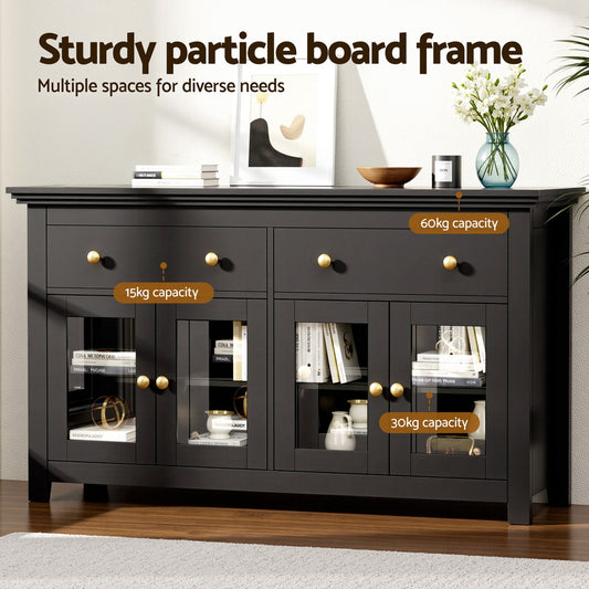 Buffet Sideboard – Clear Glass Doors, Drawers, Black Finish