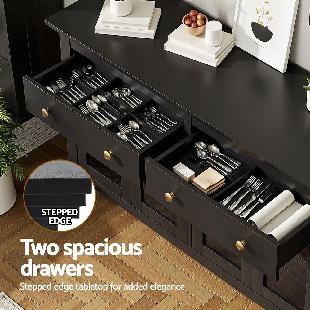 TWSC Buffet Sideboard Storage Cabinet Kitchen Cupboard Clear Door Drawer Black