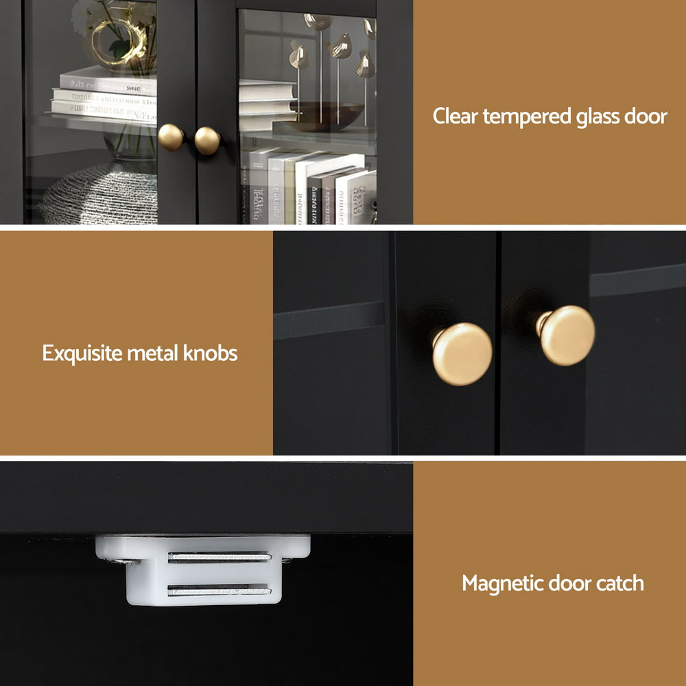 Buffet Sideboard – Clear Glass Doors, Drawers, Black Finish