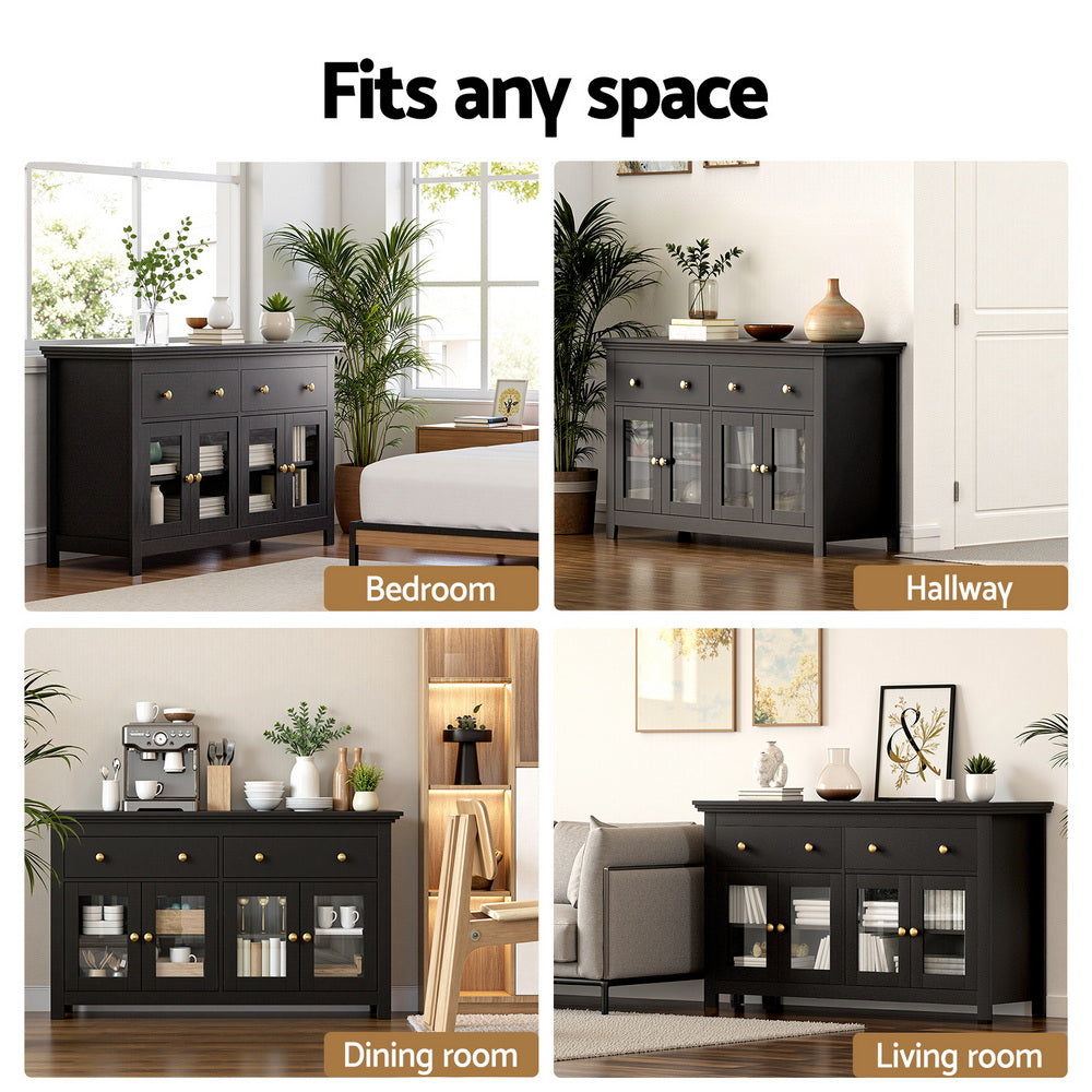 Buffet Sideboard – Clear Glass Doors, Drawers, Black Finish