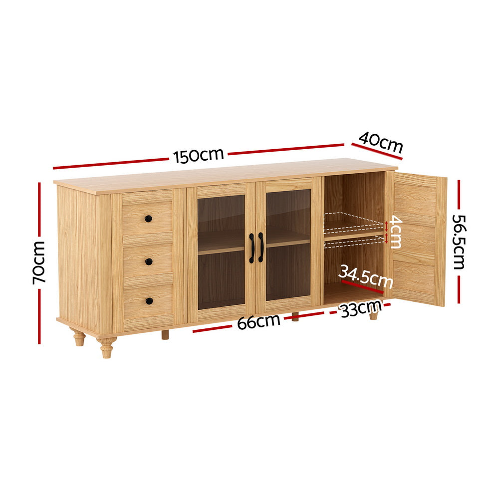 TWSC Buffet Sideboard Storage Cabinet Kitchen Cupboard Faux Drawer 150CM Pine