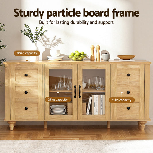 Buffet Sideboard with Tempered Glass Doors – Faux Drawer, 150cm Pine