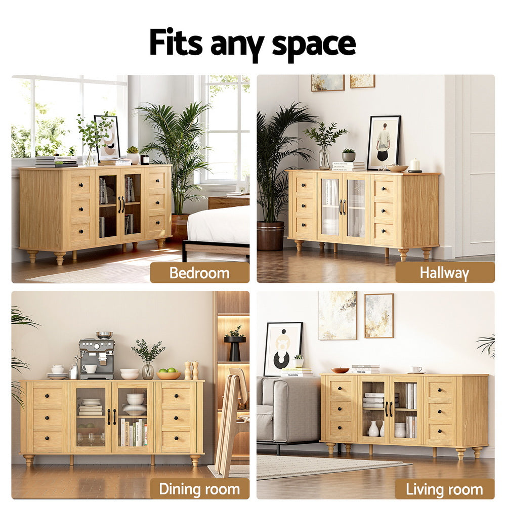 Buffet Sideboard with Tempered Glass Doors – Faux Drawer, 150cm Pine
