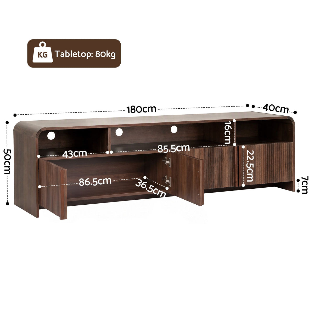 TWSC Fluted TV Unit, 180cm – Walnut — cabinet and compartment dimension diagram