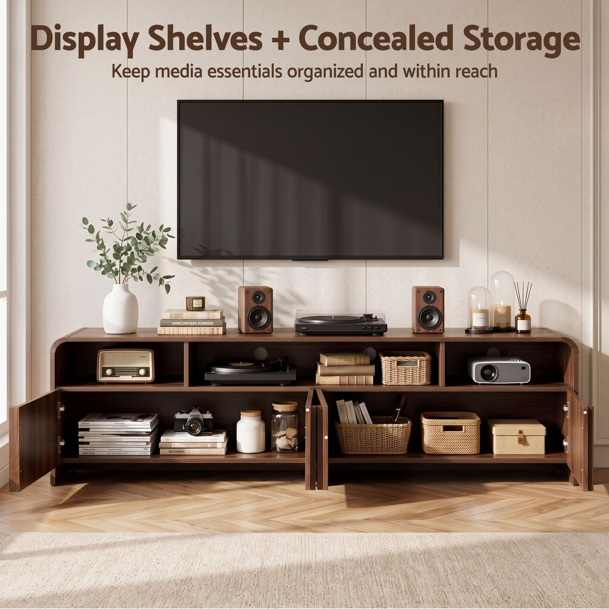 TWSC Fluted TV Unit, 180cm – Walnut — open display shelves and concealed storage infographic