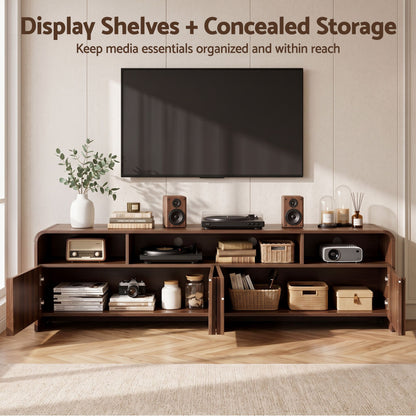 TWSC Fluted TV Unit, 180cm – Walnut — open display shelves and concealed storage infographic