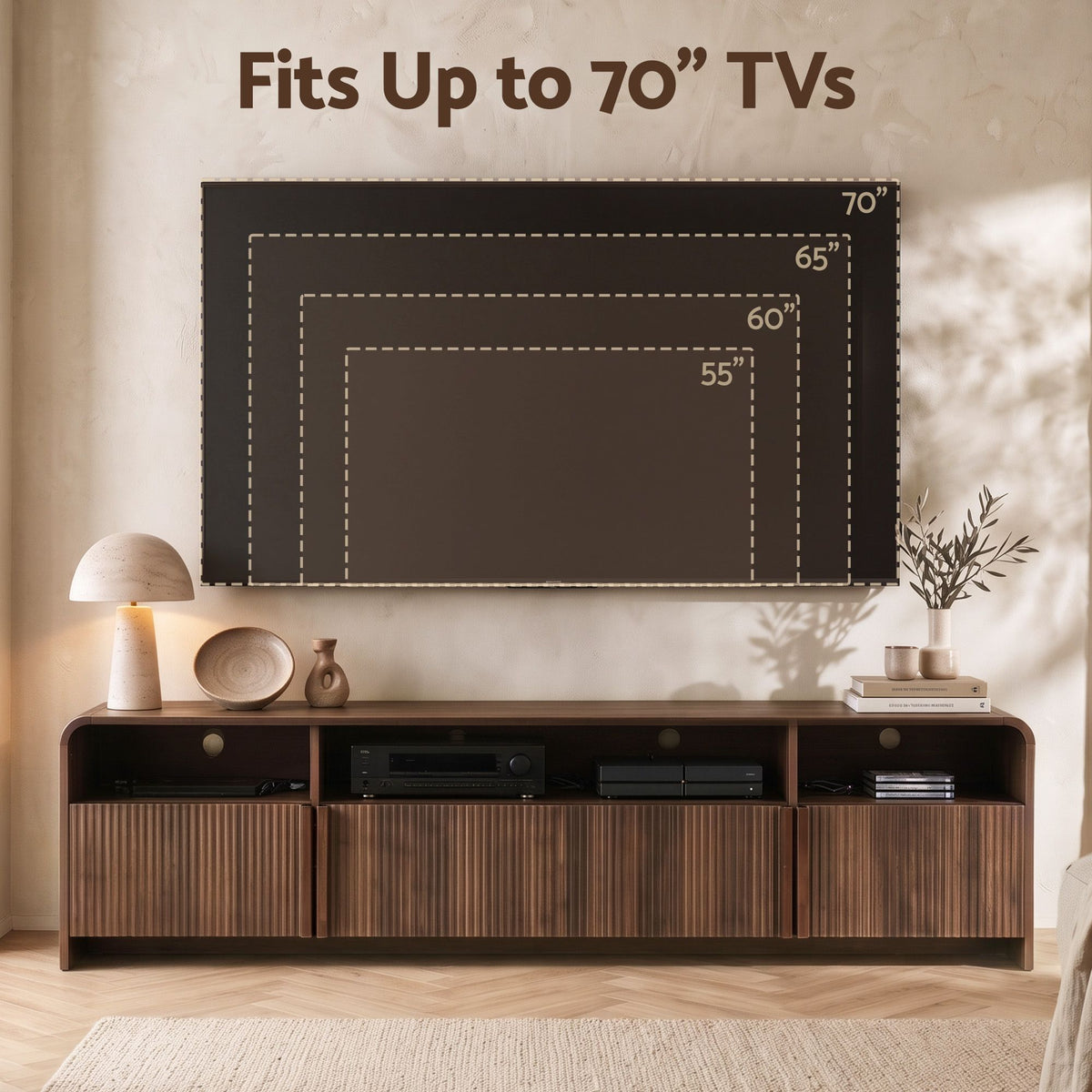 TWSC Fluted TV Unit, 180cm – Walnut — tV-size comparison infographic