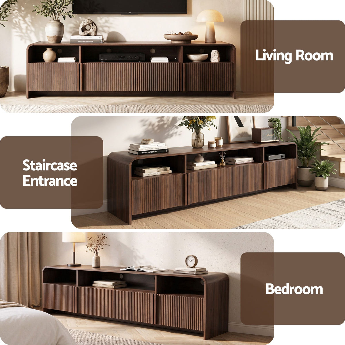 TWSC Fluted TV Unit, 180cm – Walnut — living room, entrance and bedroom setting collage
