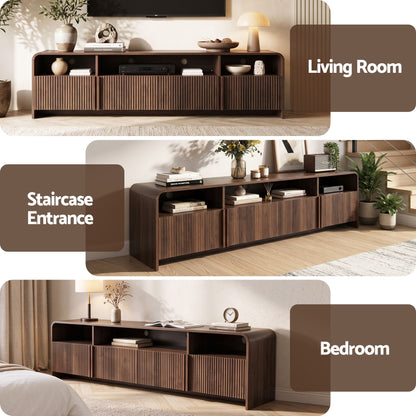 TWSC Fluted TV Unit, 180cm – Walnut — living room, entrance and bedroom setting collage