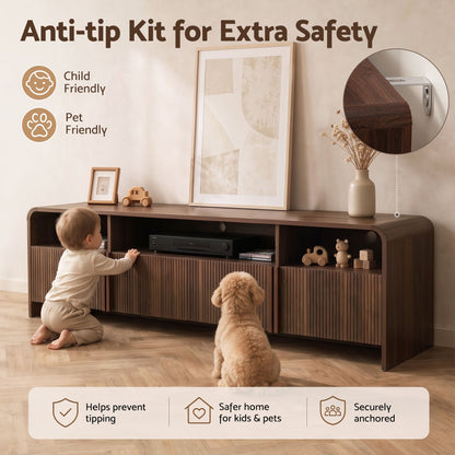 TWSC Fluted TV Unit, 180cm – Walnut — anti-tip attachment detail in a family setting