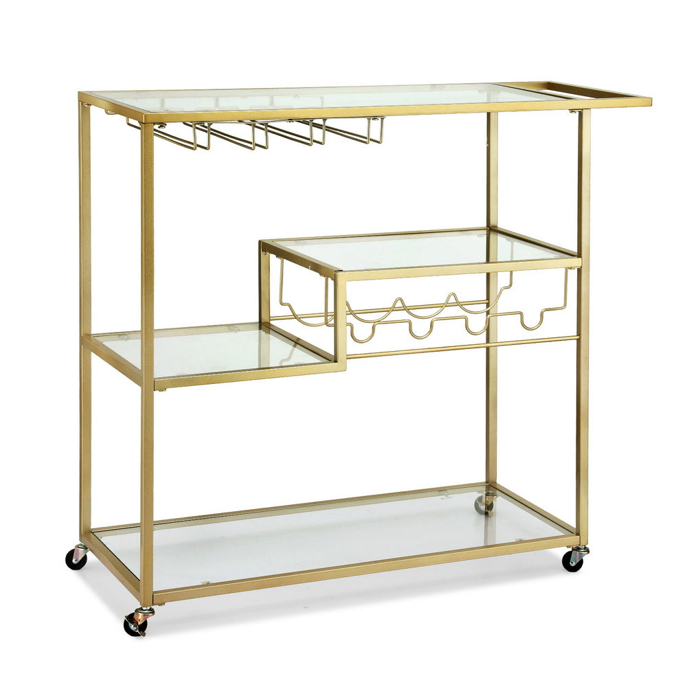 Bar Cart with Mirrored Glass Shelves and Wine Rack – Gold, 102cm
