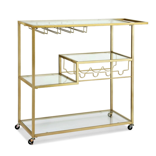 Bar Cart with Mirrored Glass Shelves and Wine Rack – Gold, 102cm