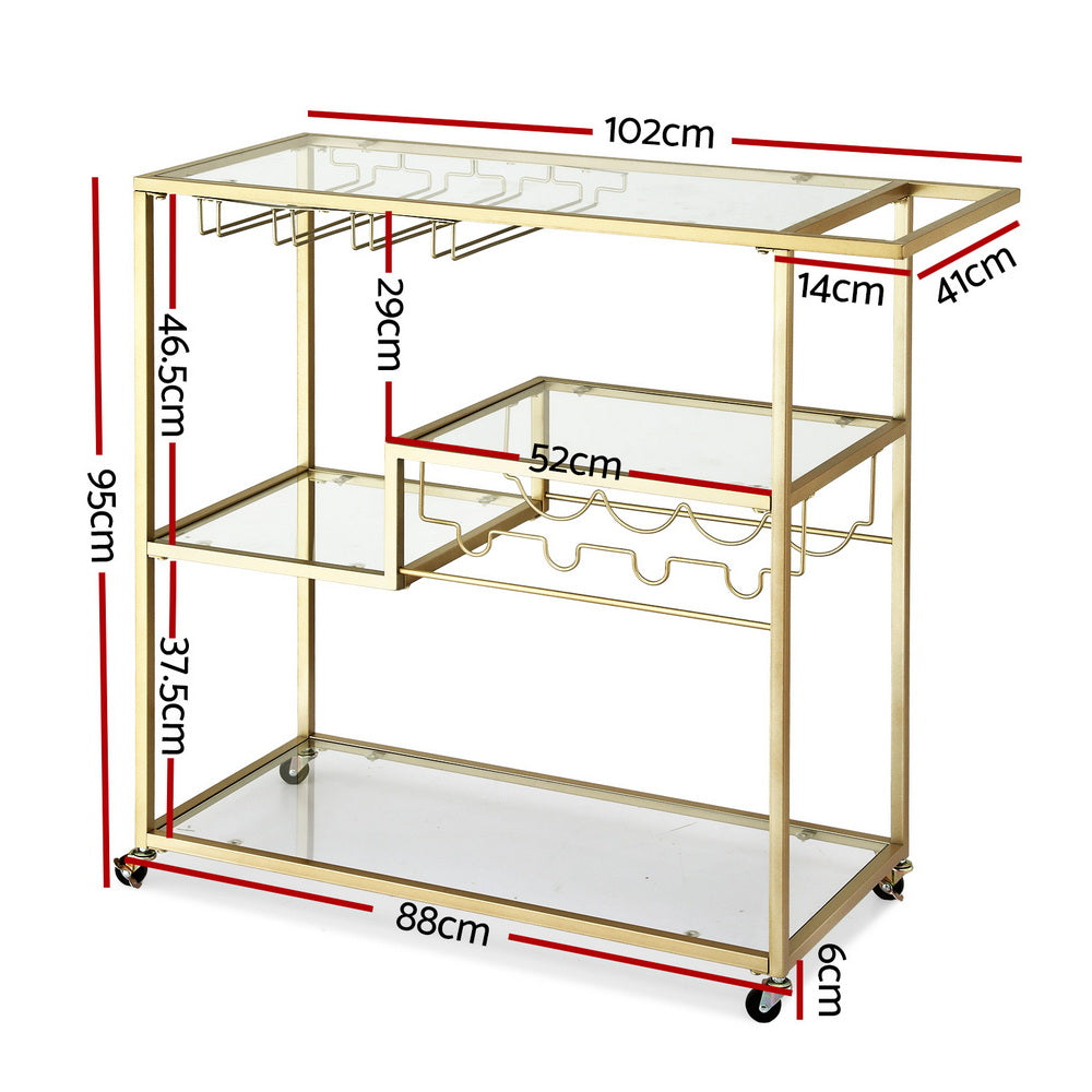 Bar Cart with Mirrored Glass Shelves and Wine Rack – Gold, 102cm