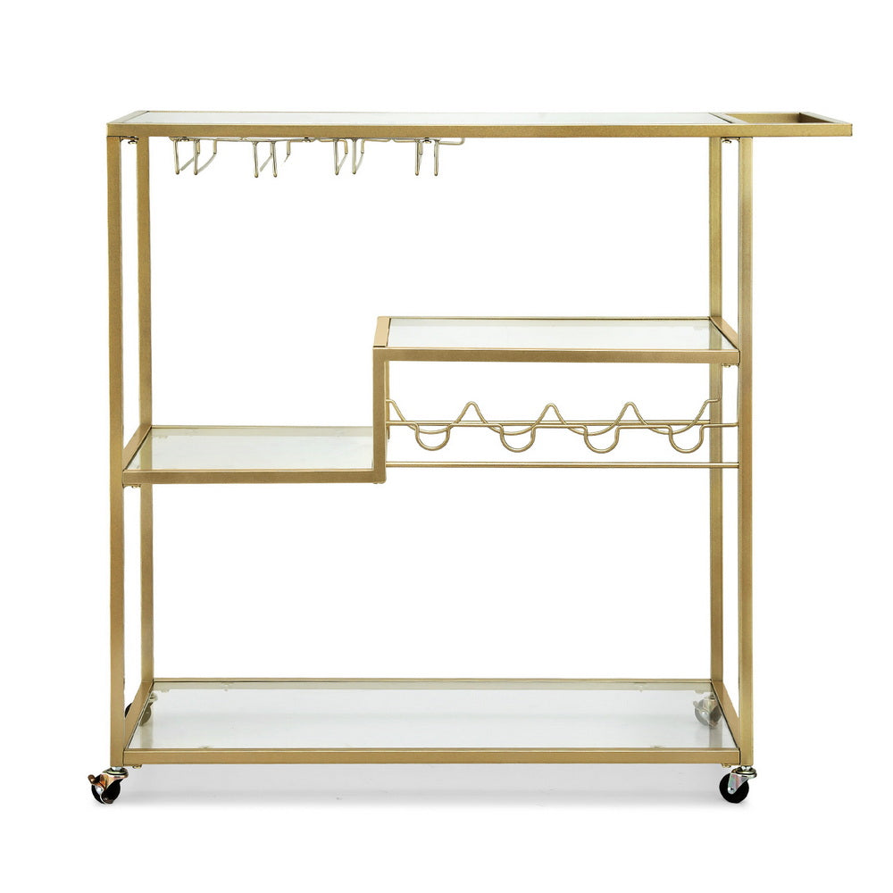 Bar Cart with Mirrored Glass Shelves and Wine Rack – Gold, 102cm